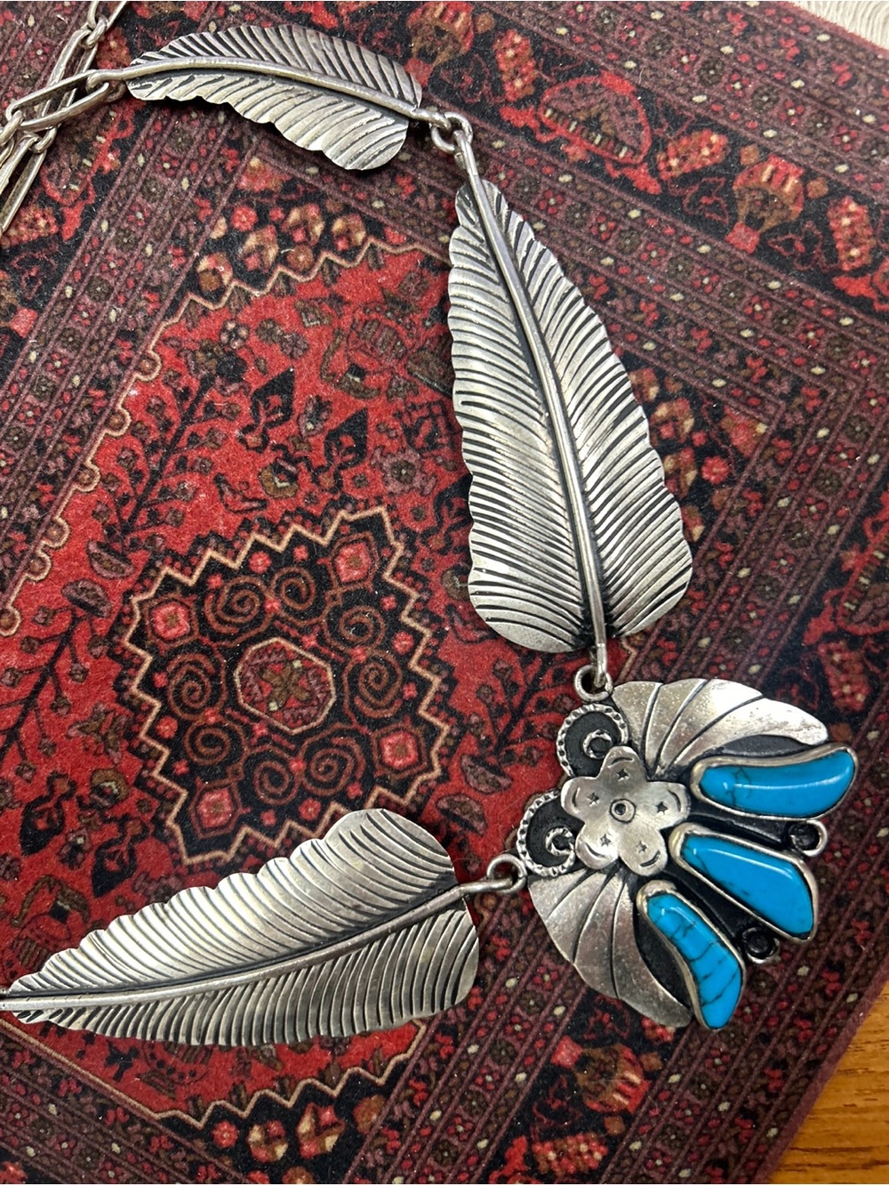 Silver Feather Necklace with Turquoise Inlay